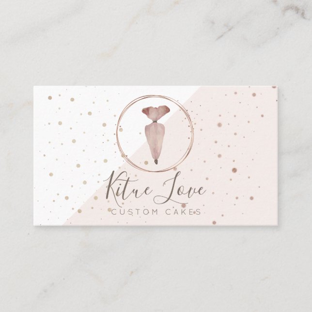 Elegant Rose Gold Pastry Bag Bakery Business Card (Front)