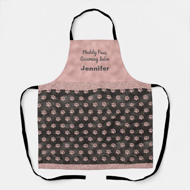 Elegant Rose Gold Paw Prints Dog Grooming Salon Apron (Front)
