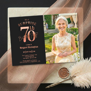 Elegant Rose Gold Photo Surprise 70th Birthday Invitation