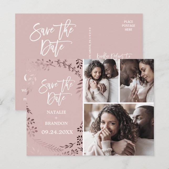 Elegant Rose Gold | Pink 3 Photo Save the Date Announcement Postcard (Front/Back)