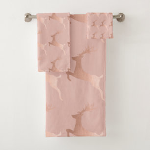Elegant Rose Gold Pink Christmas Reindeer Pattern Bath Towel Set