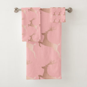 Elegant Rose Gold Pink Christmas Reindeer Pattern Bath Towel Set