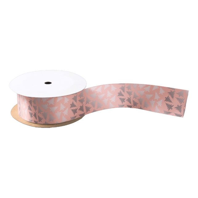 Elegant Rose Gold & Pink Christmas Tree Pattern Satin Ribbon (Spool)
