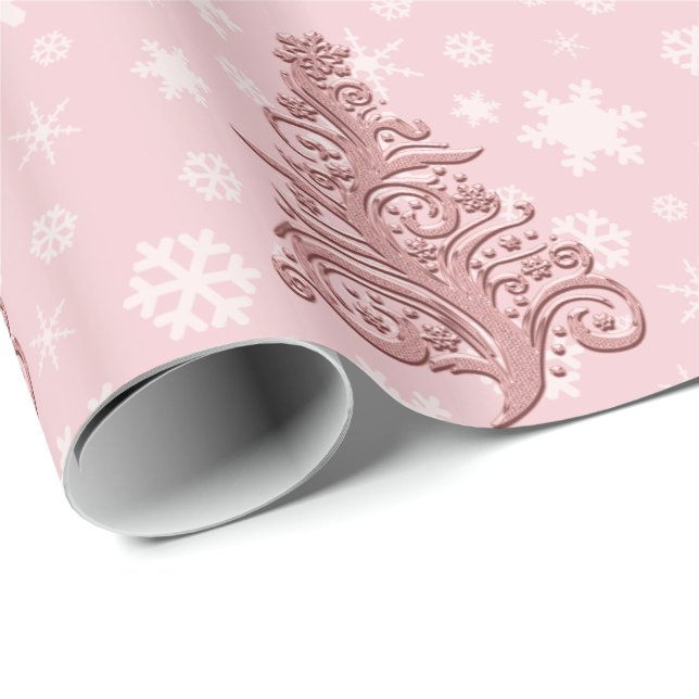 Elegant Rose Gold & Pink Christmas Tree Pattern Wrapping Paper (Roll Corner)