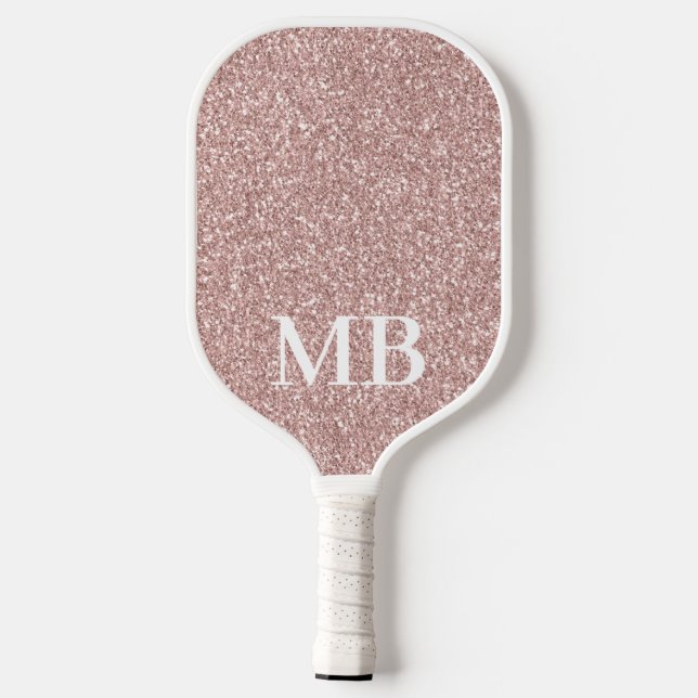 Elegant Rose Gold Pink Glitter 2 Initial Monogram Pickleball Paddle (Back)