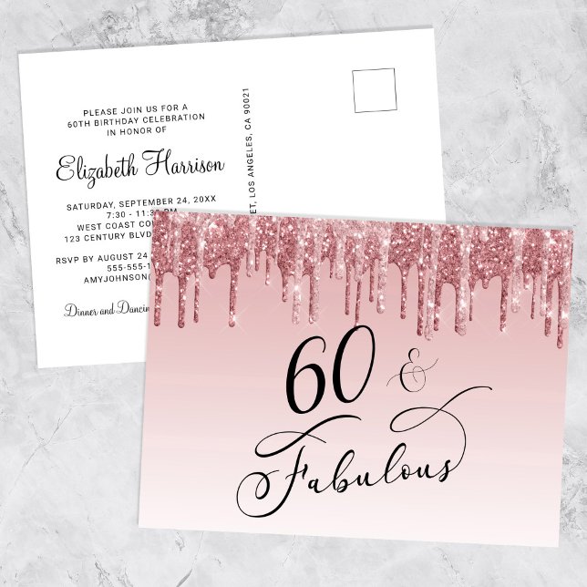 Elegant Rose Gold Pink Glitter 60th Birthday Party Invitation Postcard (Creator Uploaded)