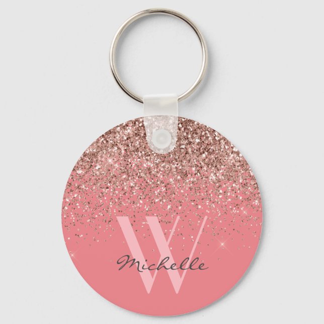 Elegant Rose Gold Pink Glitter Monogram Name Keychain (Front)