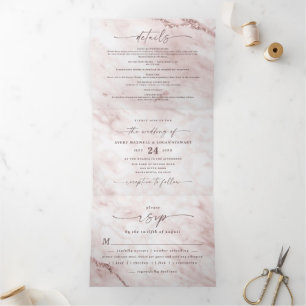 Elegant Rose Gold Pink Metallic Marble Wedding Tri-Fold Invitation