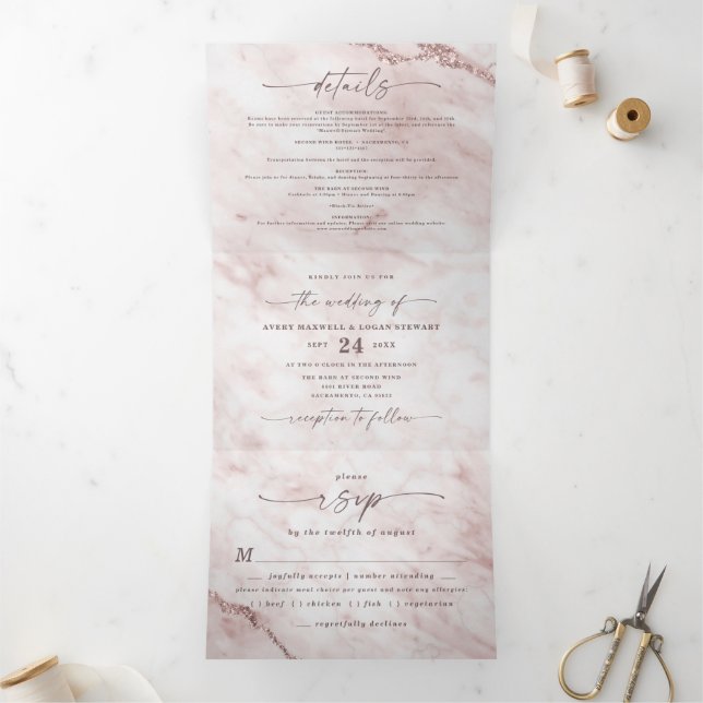 Elegant Rose Gold Pink Metallic Marble Wedding Tri-Fold Invitation (Inside)