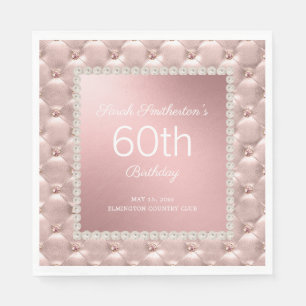 Elegant Rose Gold Pink Tufted Pearls 60th Birthday Napkin