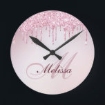 elegant rose gold purple glitter drip trendy round clock<br><div class="desc">An elegant mix of script with a personalized monogram on a faux rose gold purple girly glitter background.</div>