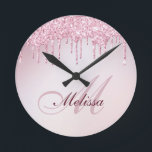 elegant rose gold purple glitter drip trendy round clock<br><div class="desc">An elegant mix of script with a personalized monogram on a faux rose gold purple girly glitter background.</div>