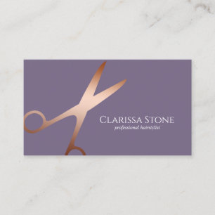 Elegant rose gold & purple scissors hairstylist business card