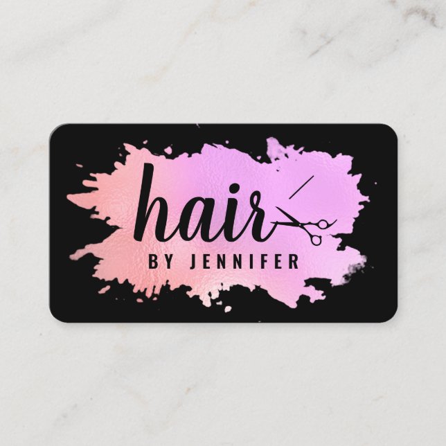Elegant rose gold purple scissors hairstylist business card (Front)