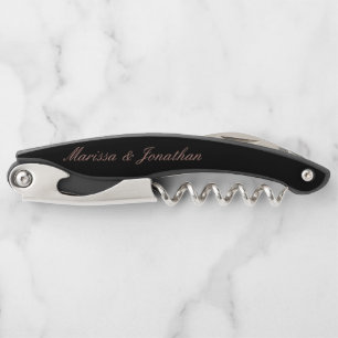 Elegant Rose Gold Script Calligraphy Black Wedding Corkscrew