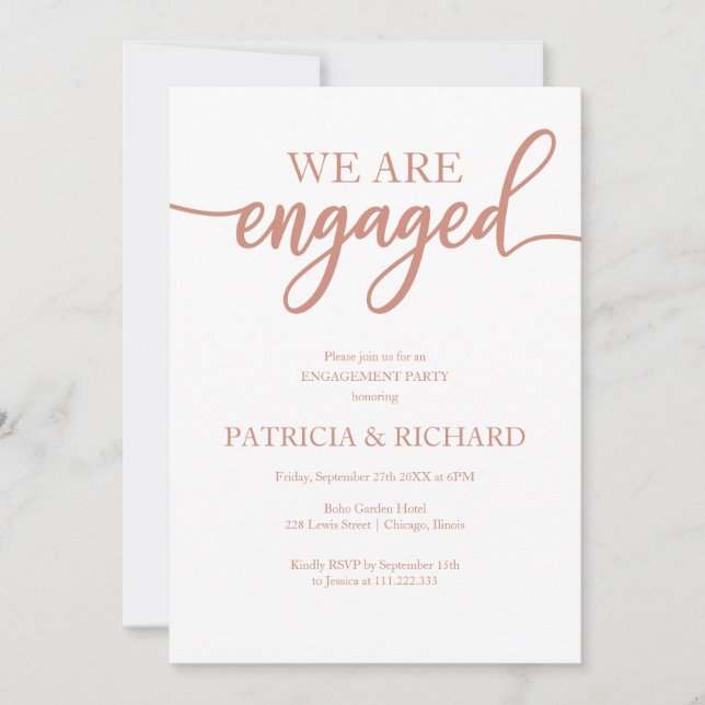 Elegant Rose Gold Script Engagement Party Invitation (Front)