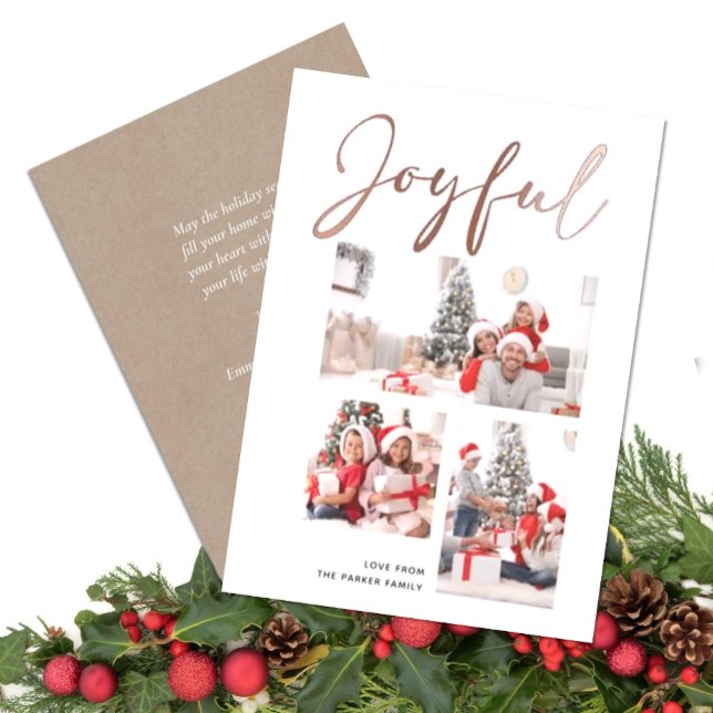 Elegant Rose Gold Script JOYFUL Modern Beige Photo Foil Holiday Card (Creator Uploaded)