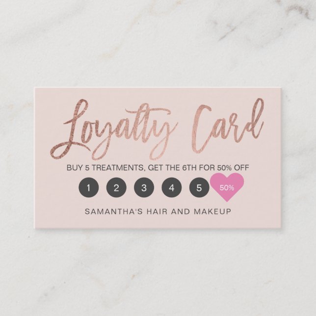 Elegant rose gold script makeup hair blush pink loyalty card (Front)