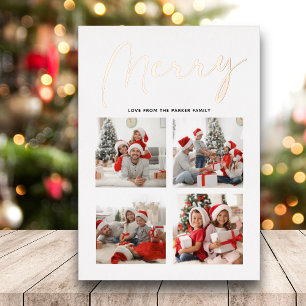Elegant Rose Gold Script MERRY Modern Beige Photo  Foil Holiday Card