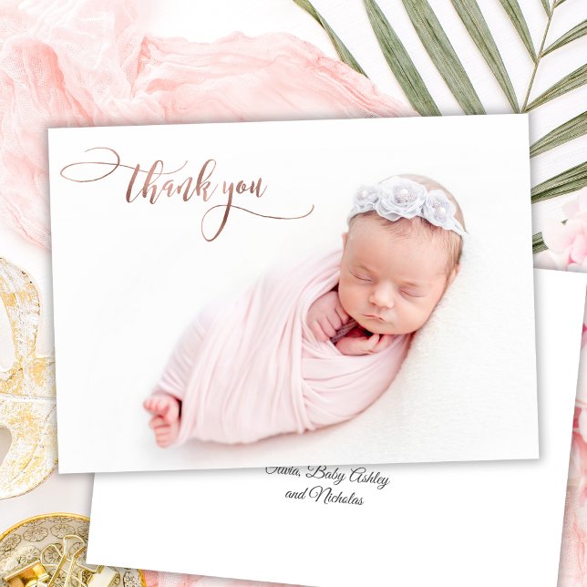 Elegant Rose Gold Script New Baby Photo Thank You (Creator Uploaded)