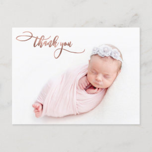 Elegant Rose Gold Script New Baby Photo Thank You Postcard
