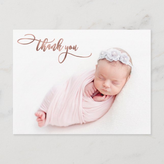 Elegant Rose Gold Script New Baby Photo Thank You Postcard (Front)