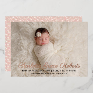 Elegant Rose Gold Script Photo Birth Announcement