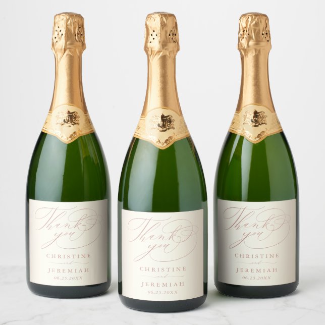 Elegant Rose Gold Script Shiny Sparkling Wine Wedd Label (Bottles)