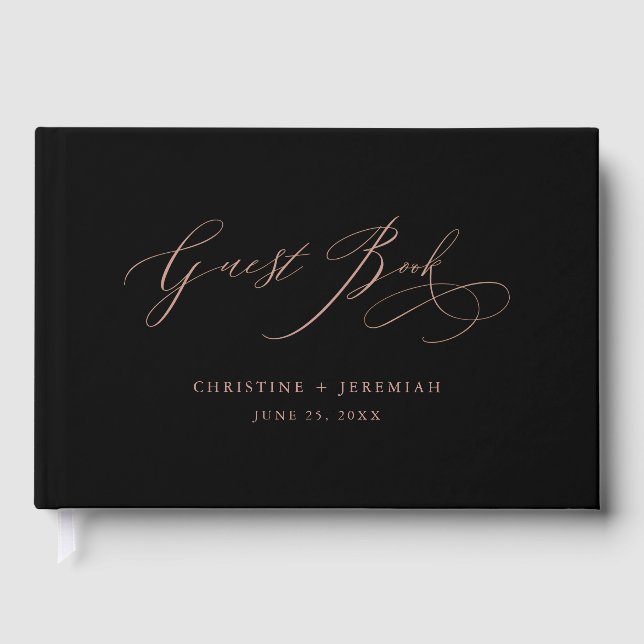 Elegant Rose Gold Script Typography Black Wedding Guest Book (Front)