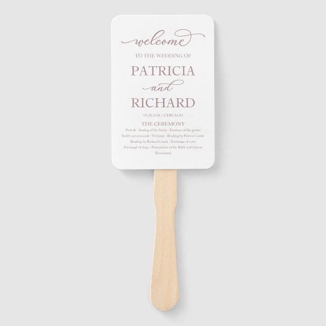 Elegant Rose Gold Script Wedding Program Hand Fan (Front)