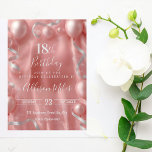 Elegant Rose Gold & Silver Balloon 18th Birthday Invitation<br><div class="desc">Make her 18th birthday unforgettable with this beautifully designed rose gold and silver balloon birthday invitation. Featuring a lush, photorealistic balloon backdrop in blush pink and rose gold tones, accented with silver streamers , this invitation strikes the perfect balance between fun and elegant. Fully customizable with the birthday girl's name,...</div>