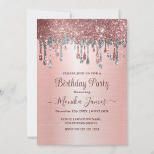 Elegant Rose Gold Silver Glitter Drips Birthday  Invitation
