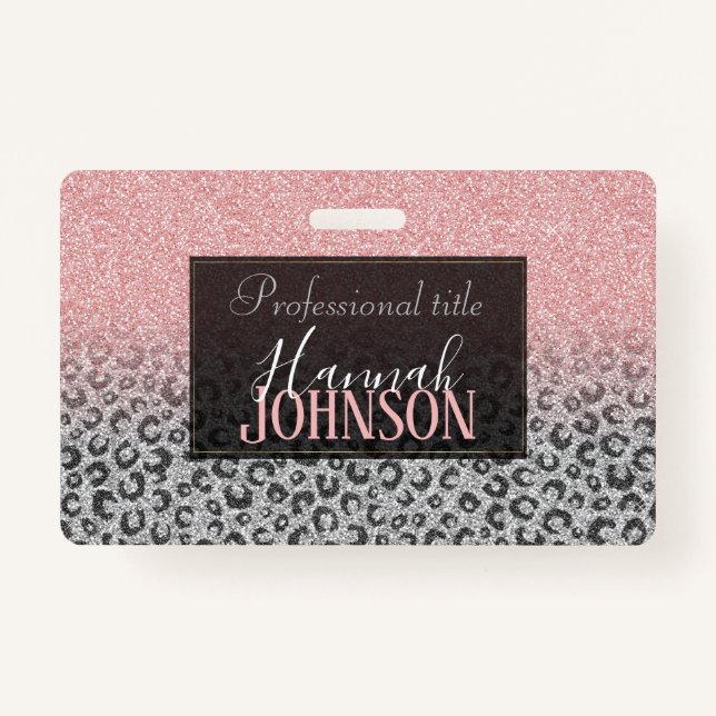  Elegant Rose Gold Silver Glitter Leopard Print Badge (Front)