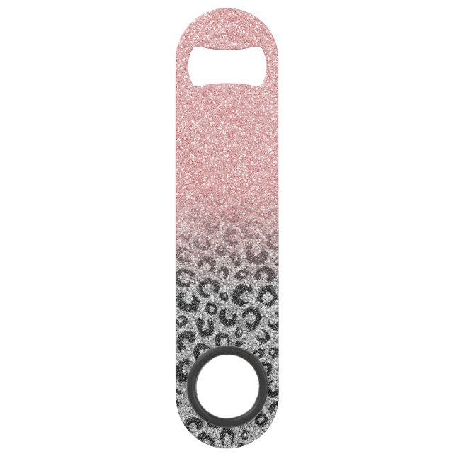  Elegant Rose Gold Silver Glitter Leopard Print Bar Key (Front)