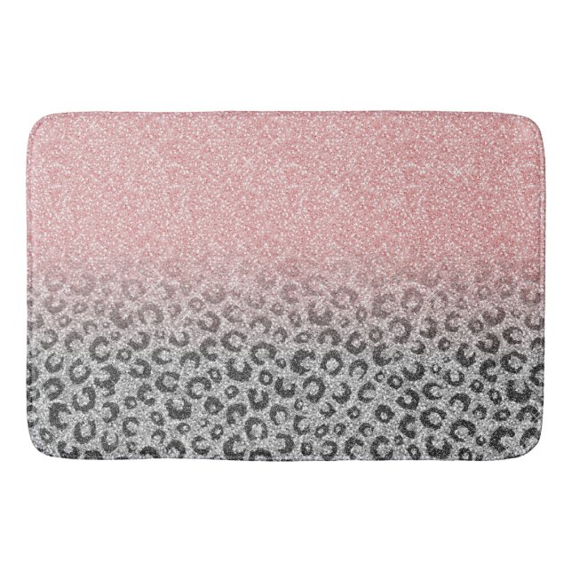  Elegant Rose Gold Silver Glitter Leopard Print Bath Mat (Front)