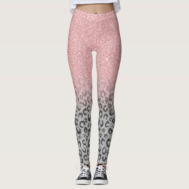  Elegant Rose Gold Silver Glitter Leopard Print Leggings (Front)