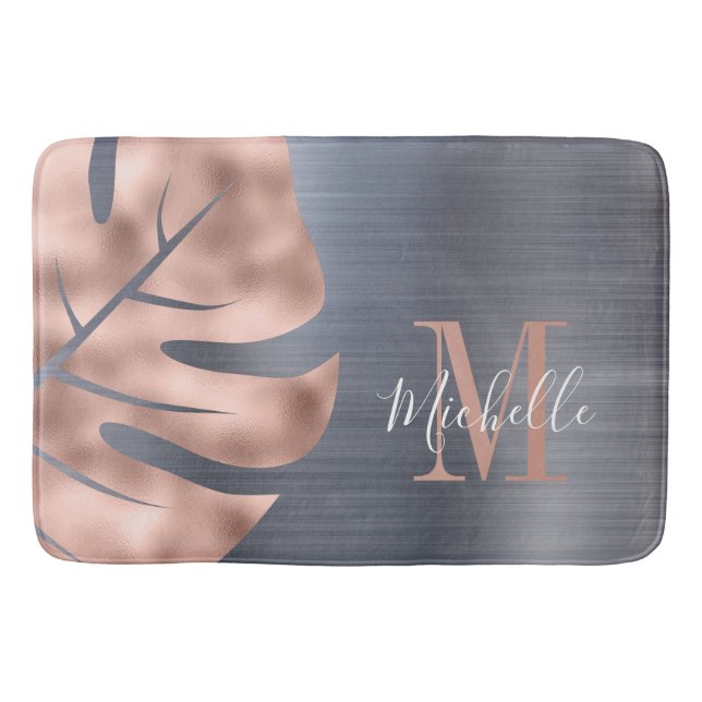 Elegant Rose Gold Silver Grey Monogram Bath Mat (Front)