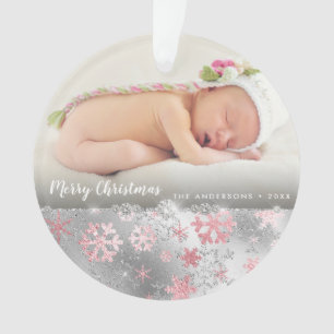 Elegant rose gold & silver snowflakes custom photo ornament