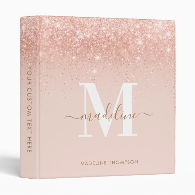Elegant Rose Gold Sparkling Glitter Monogram Binder (Front/Spine)