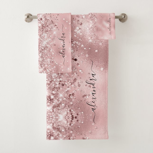 Elegant Rose Gold Sparkly Glitter Custom Chic Bath Towel Set (Insitu)