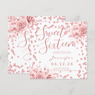 Elegant Rose Gold Sweet 16 Glitter Confetti Floral Invitation