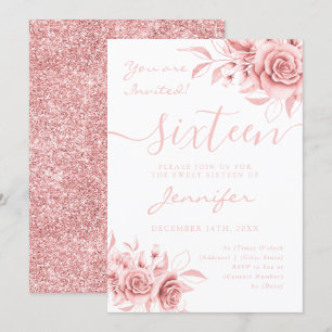 Elegant Rose Gold Sweet 16 Glitter Floral Invitation