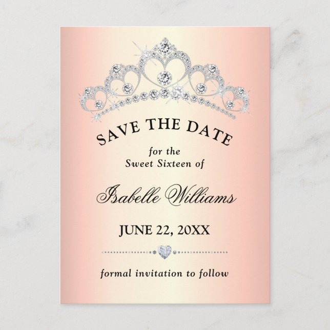 Elegant Rose Gold Sweet 16 Save The Date Postcard (Front)