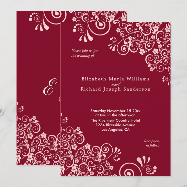 Elegant Rose Gold Swirls  Burgundy Wedding Invitation (Front/Back)