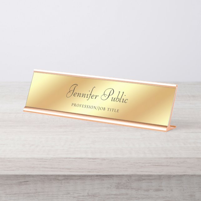 Elegant Rose Gold Template Hand Script Text Modern Desk Name Plate (Front)