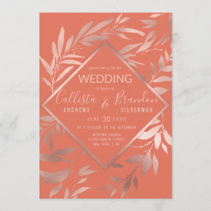 Elegant Rose Gold Terracotta Floral Leaves Wedding Invitation