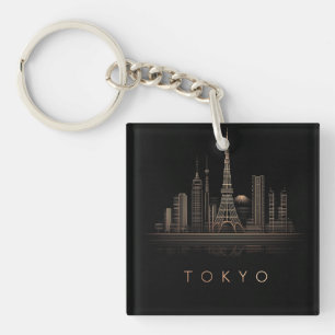 Elegant Rose Gold Tokyo City Skyline Illustration Keychain