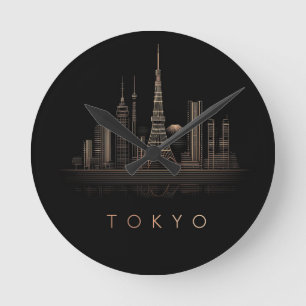 Elegant Rose Gold Tokyo City Skyline Illustration Round Clock