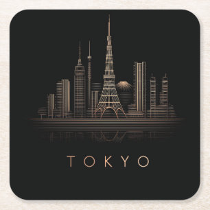 Elegant Rose Gold Tokyo City Skyline Illustration Square Paper Coaster
