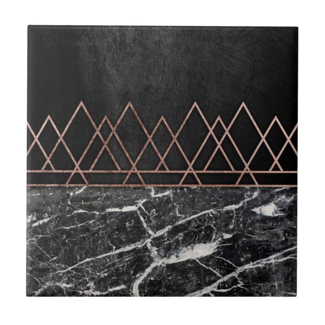 Elegant Rose Gold Triangles & Black & White Marble Tile (Front)